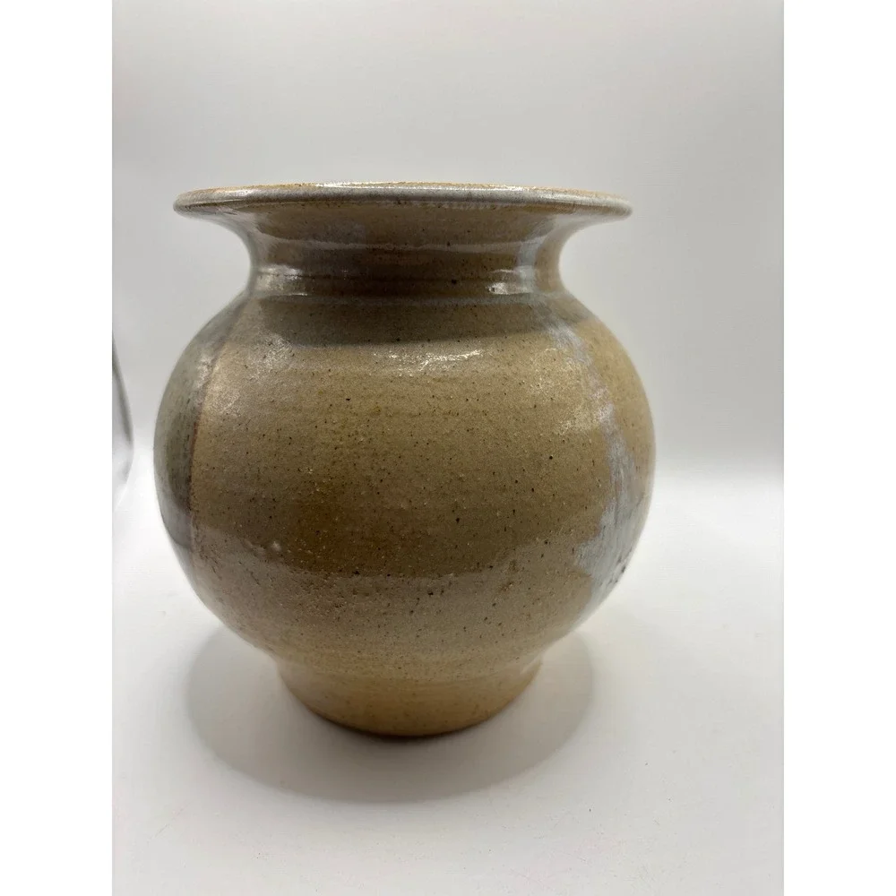 Handmade Studio Pottery Vase Earthy Glaze Round Bulbous Flared Rim 6.5 Inch